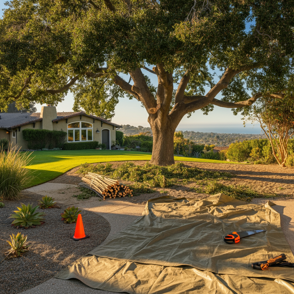 A tree being trimmed in a yard with a house and ocean view; brown tarp, tools, and chopped branches visible.