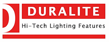 Logo for Duralite, a lighting company, with white text on a red background. "Hi-Tech Lighting Features" is below.