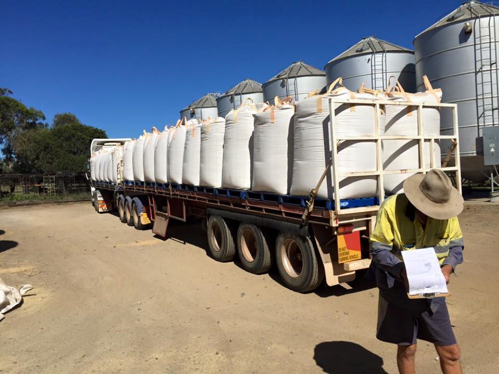 A Man is Standing in Front of a Truck Filled With Bags of Grain — Wallamore Grading & Packaging In Armidale, NSW