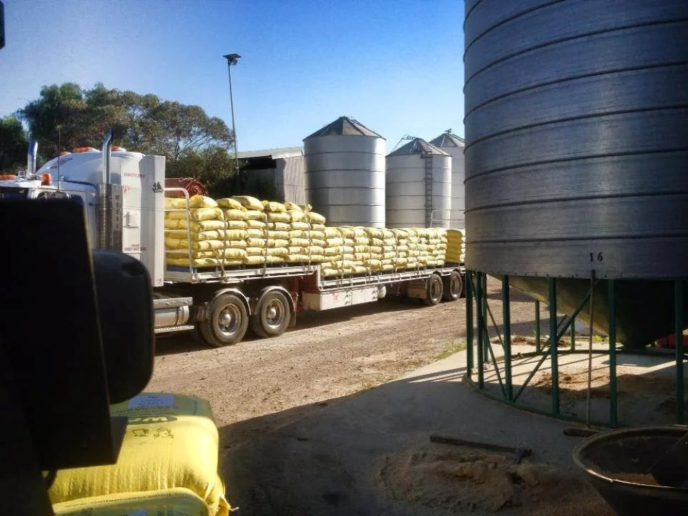 A Truck is Carrying Bags of Grain on the Back of It — Wallamore Grading & Packaging In Armidale, NSW