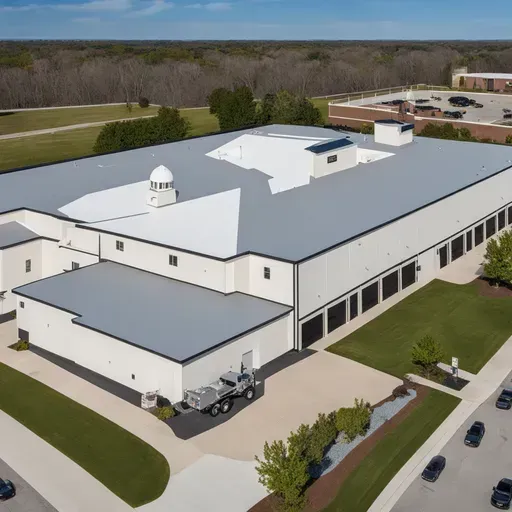 An aerial view of a large white building with a gray roof