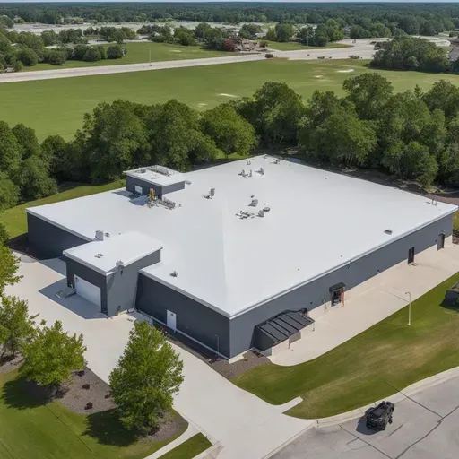 An aerial view of a large building with a white roof surrounded by trees and grass.