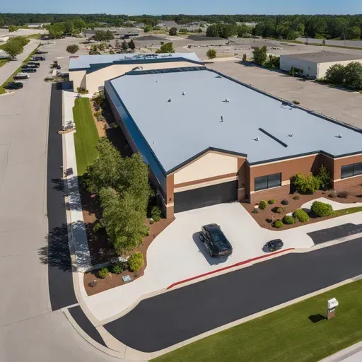 An aerial view of a large building with a car parked in front of it