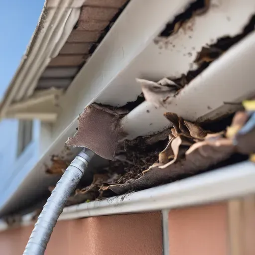 A close up of a gutter on a house with leaves coming out of it.