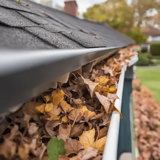 A gutter filled with leaves on the roof of a house.