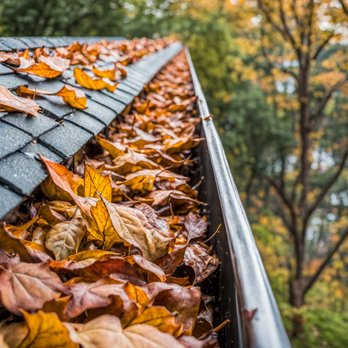A gutter filled with leaves on a roof.