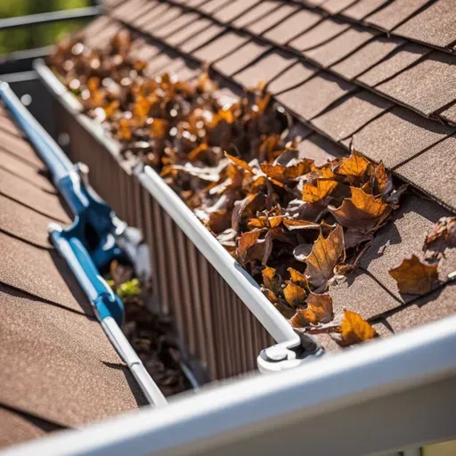 A gutter filled with leaves on the roof of a house.