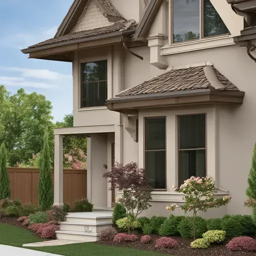 A house with a lot of windows and flowers in front of it