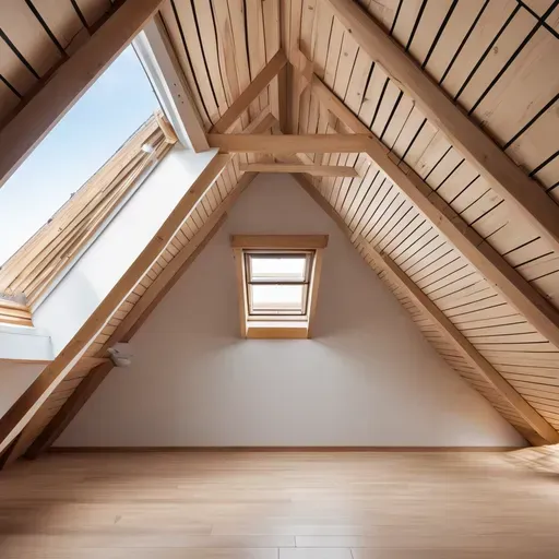 An empty attic with a skylight and a window.
