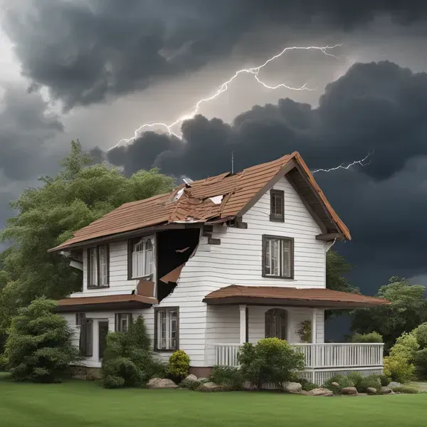 A house with a roof that has been damaged by lightning