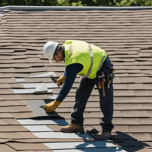 A man in a yellow vest and hard hat is working on a roof.