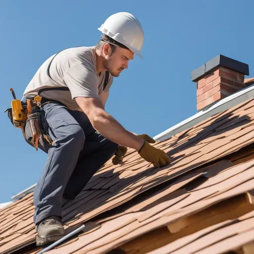 A man wearing a hard hat is working on a roof.