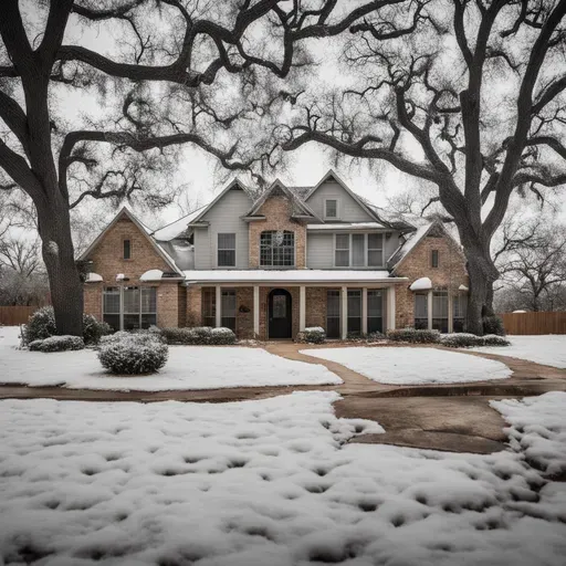 A large brick house covered in snow with trees in the background.