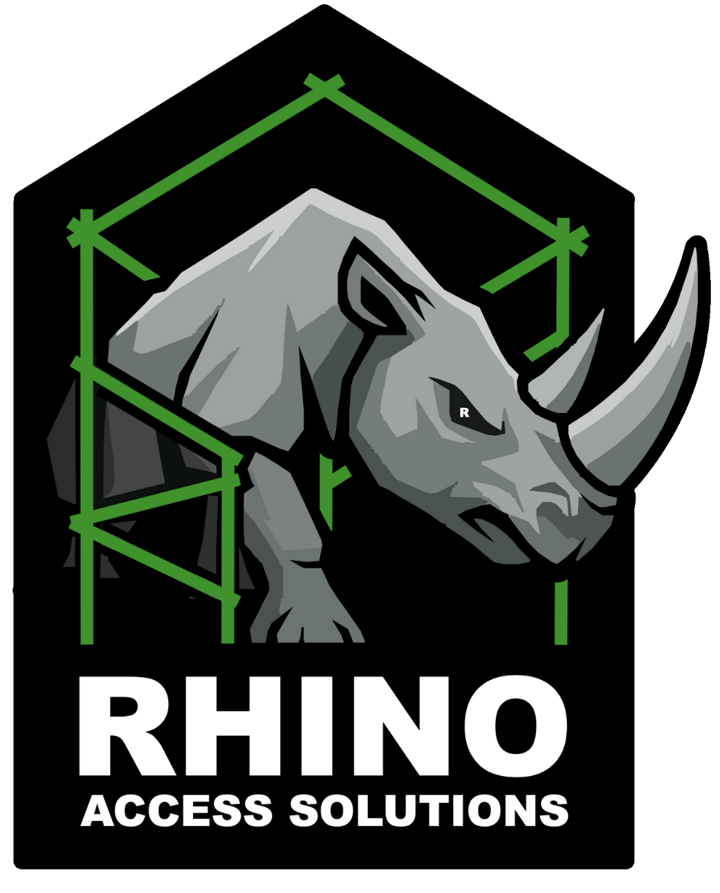 A logo featuring a grey rhino integrated into a green scaffold frame, with text 