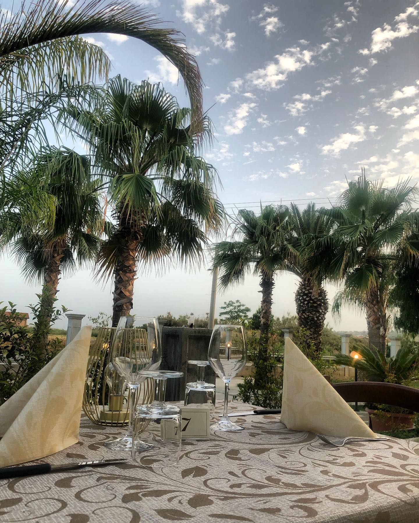 Una tavola apparecchiata all'aperto con calici di vino e tovaglioli piegati, sullo sfondo di palme e un cielo nuvoloso al crepuscolo.