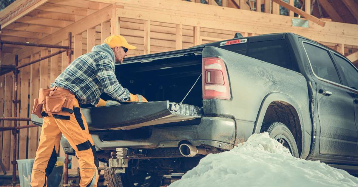 A construction worker wearing a yellow hard hat is leaning into a pickup truck bed while parked in front of a worksite.