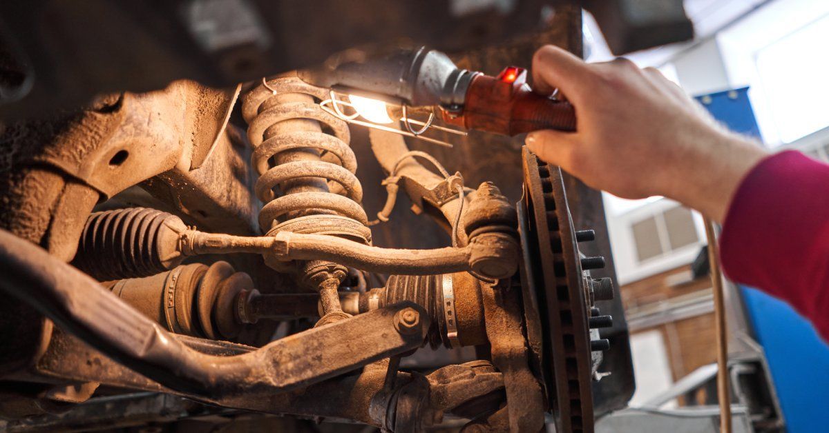 A person holding a light near a vehicle’s suspension system, revealing the shocks, springs, and othe