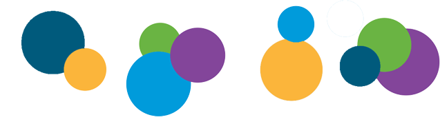 Overlapping colorful circles in shades of blue, green, purple, and yellow.