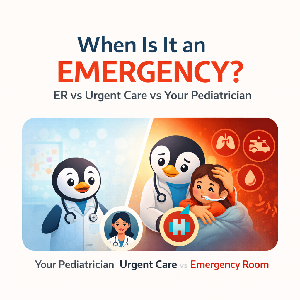 Illustration of caregiver holding sick child with visual cues for emergency room and pediatrician