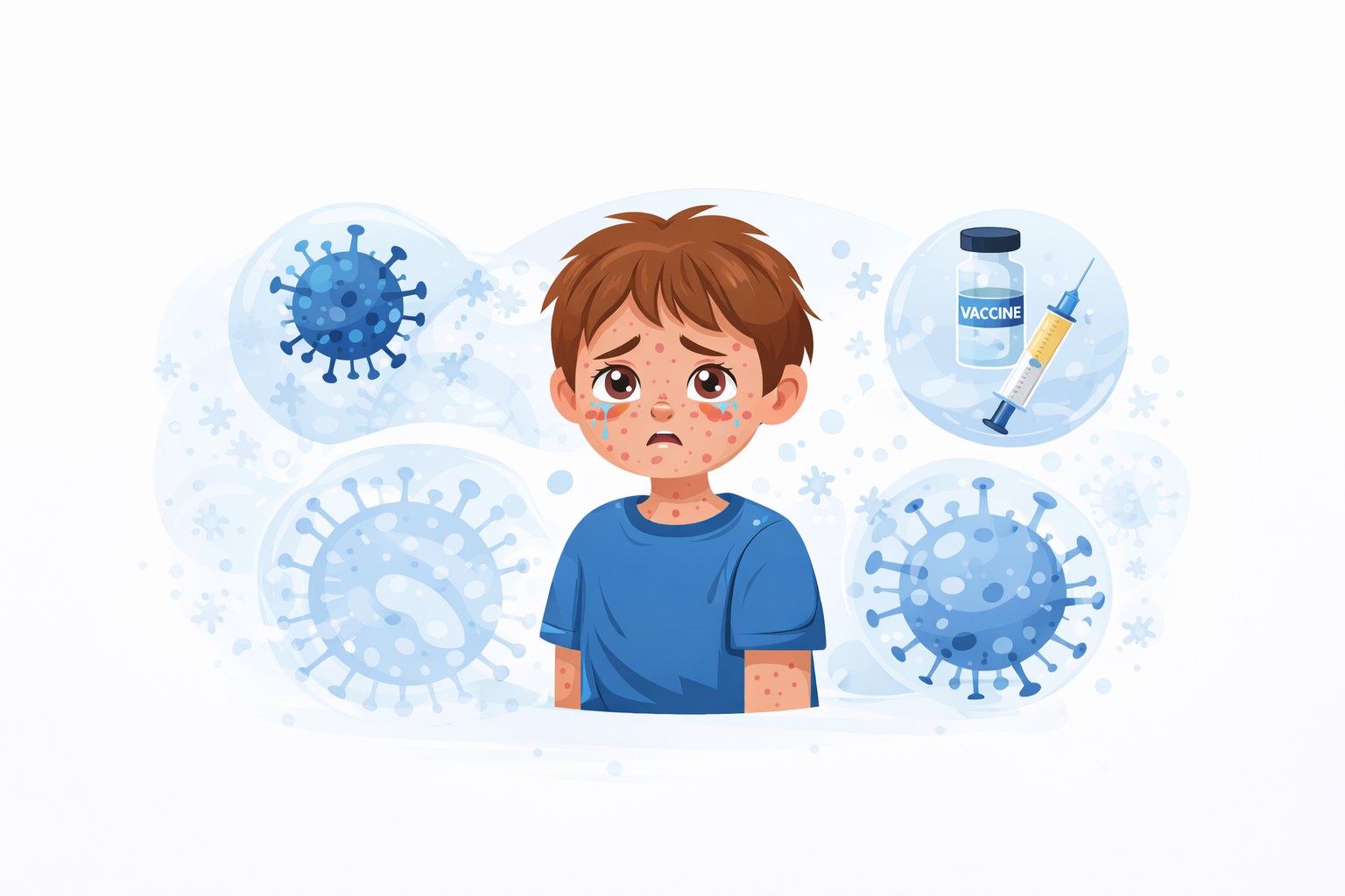 Illustration of measles symptoms in children with virus and vaccine symbols