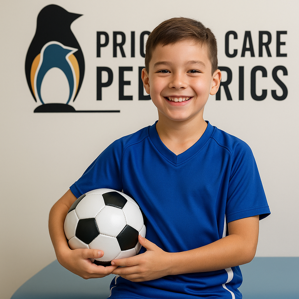 boy holding a soccer ball in sports medicine clinic at Priority Care