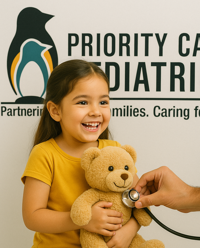 Girl smiling, holding teddy bear while a hand uses stethoscope on bear, in front of clinic sign.