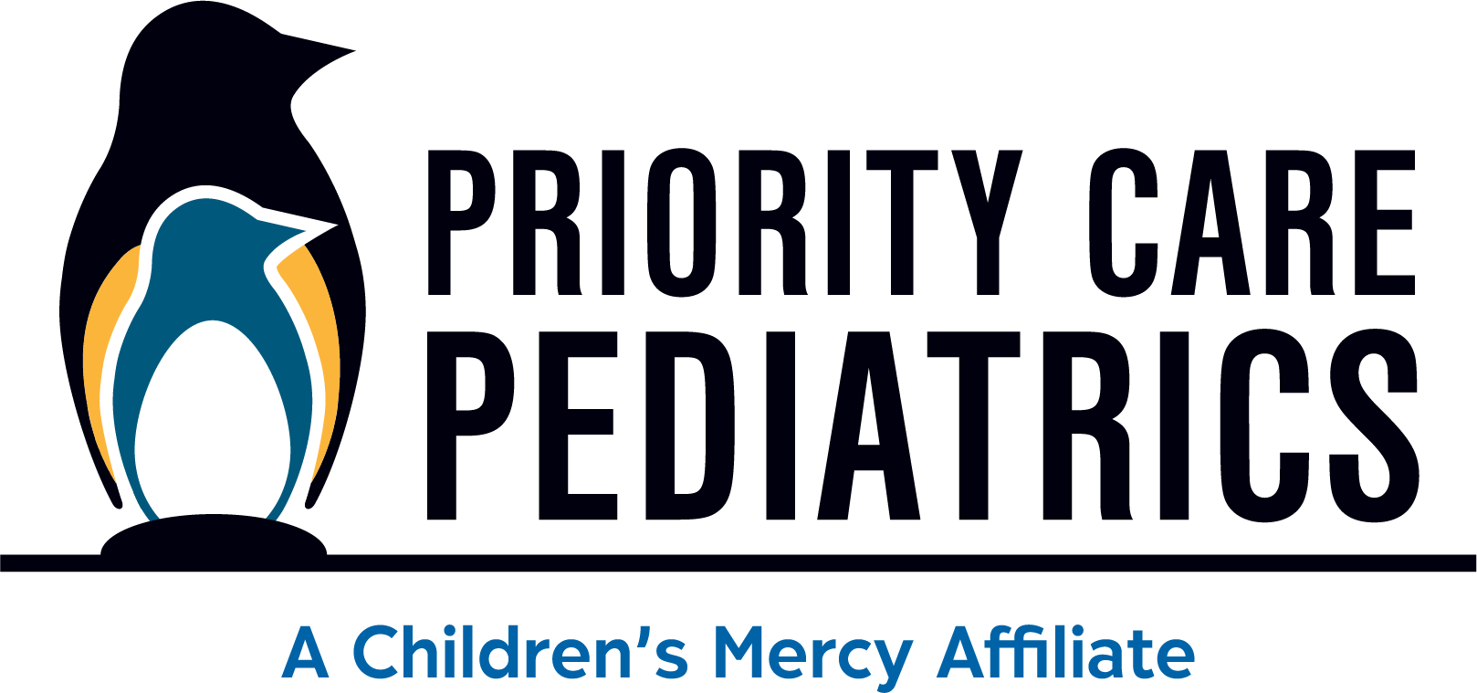 Priority Care Pediatrics penguin logo with Children's Mercy Affiliation noted