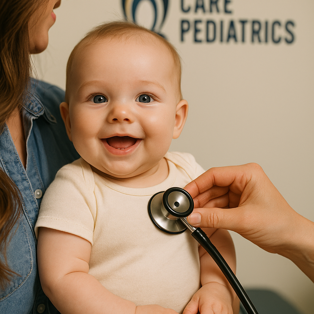 healthy child with teddy bear being examined at Priority Care Pediatrics
