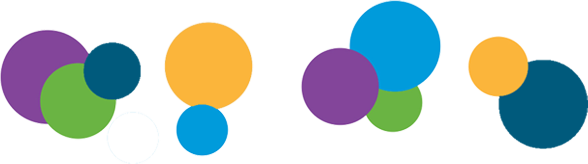 Four abstract arrangements of overlapping circles in different colors: purple, blue, green, and orange.