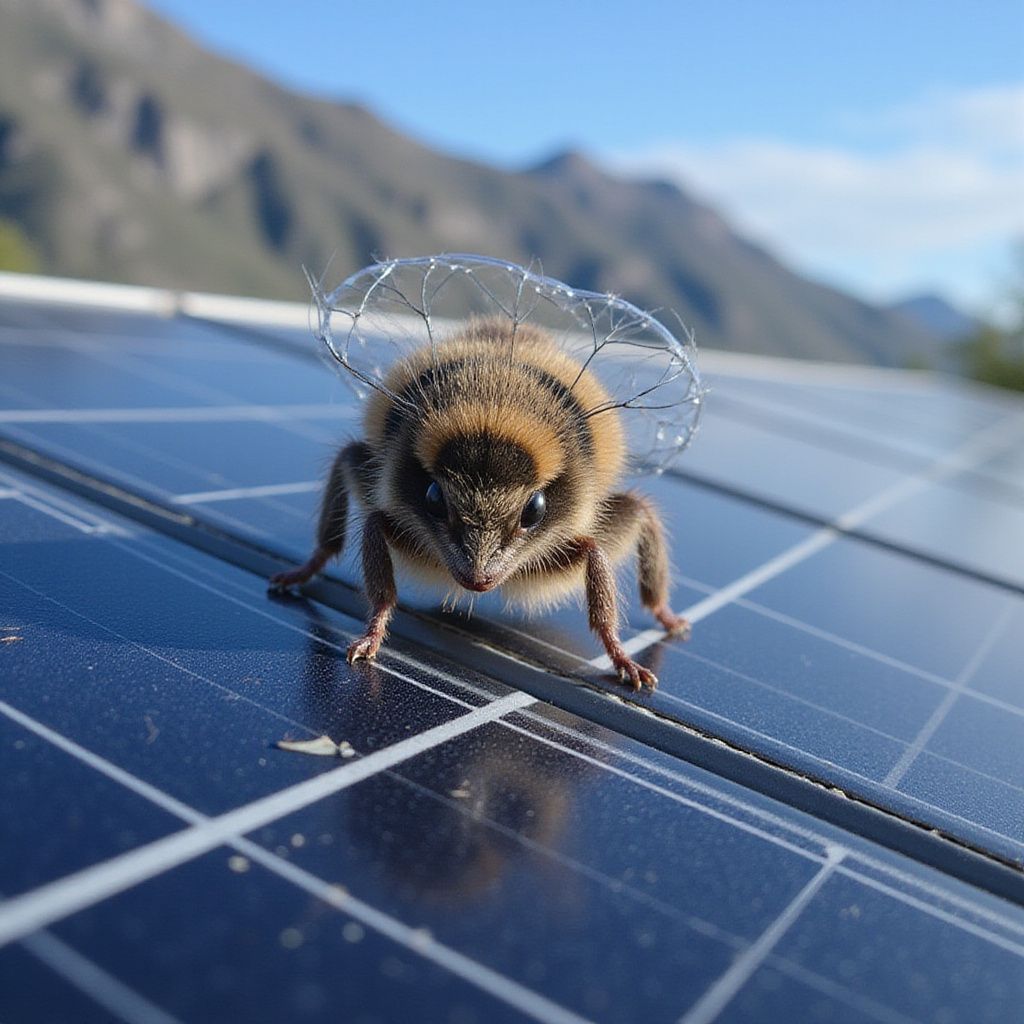 Bee on a solar panel with a mountain backdrop, under a blue sky.