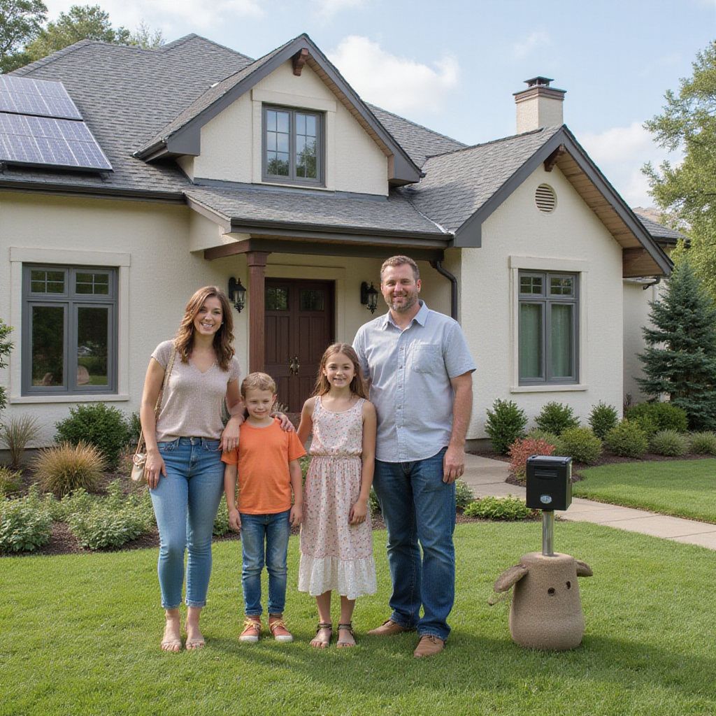 Family of four stands in front of a house with solar panels. Smiling, they pose on a lawn, next to a mail box.