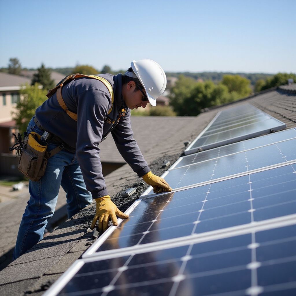 Person in safety gear installing solar panels on a rooftop.