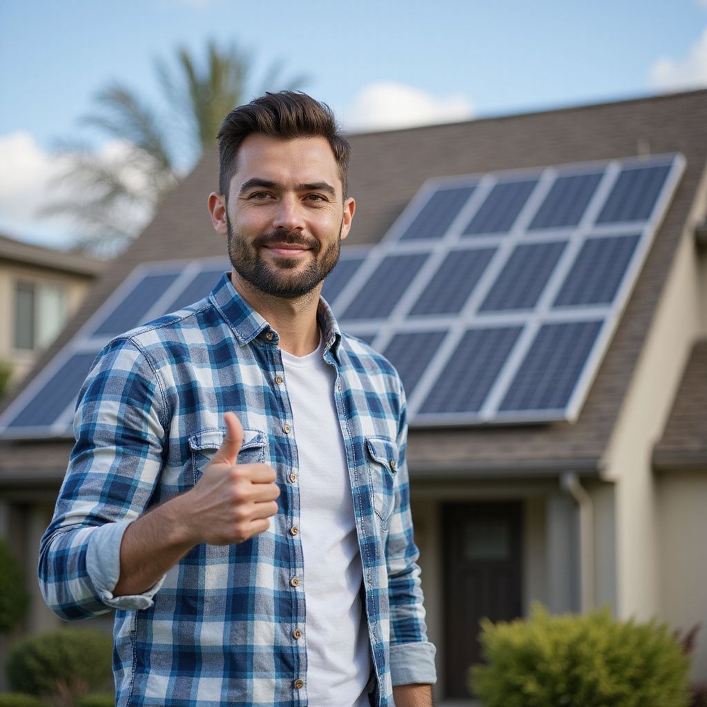 Man with thumbs up in front of house with solar panels.