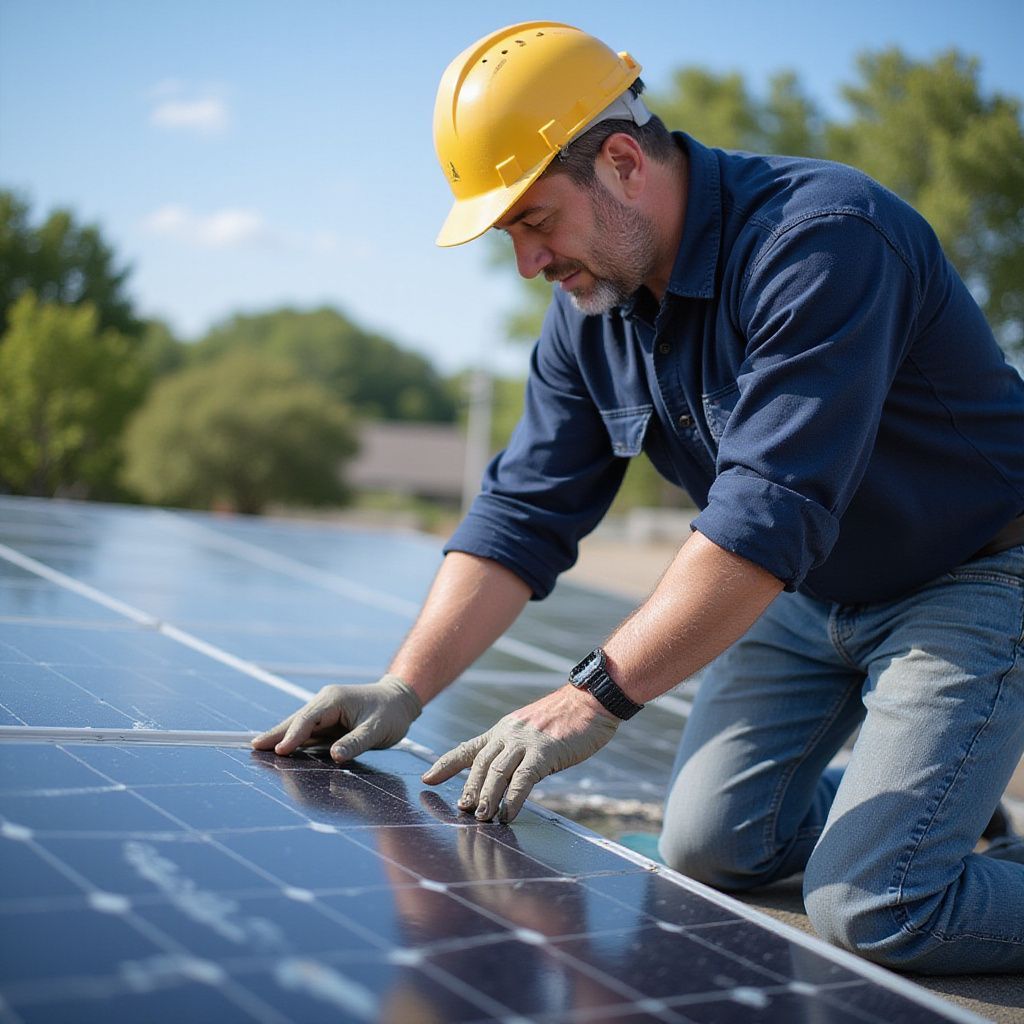 Man in a yellow hard hat installing solar panels on a rooftop. Blue sky and trees in background.