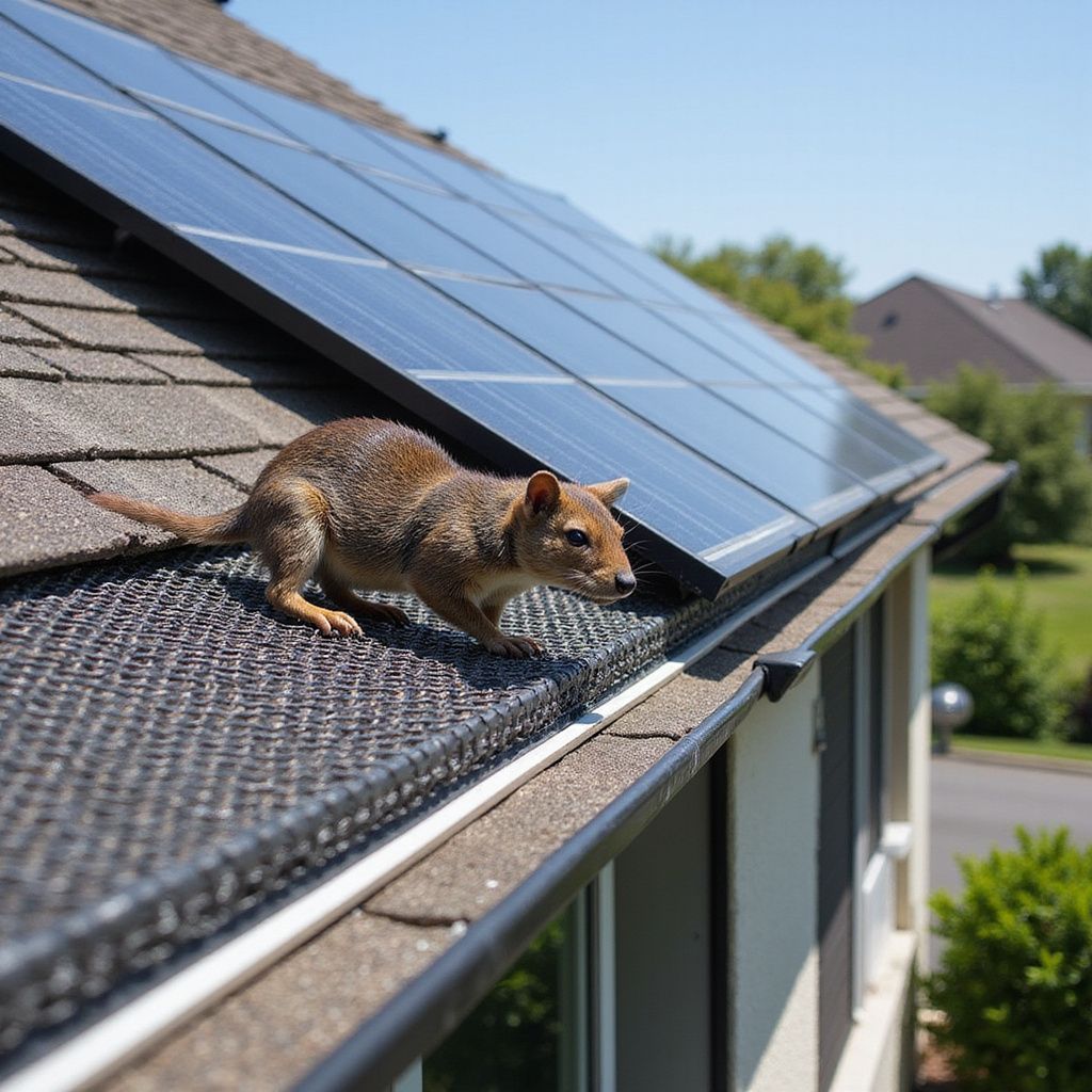 Squirrel on rooftop gutter with solar panels in the background.