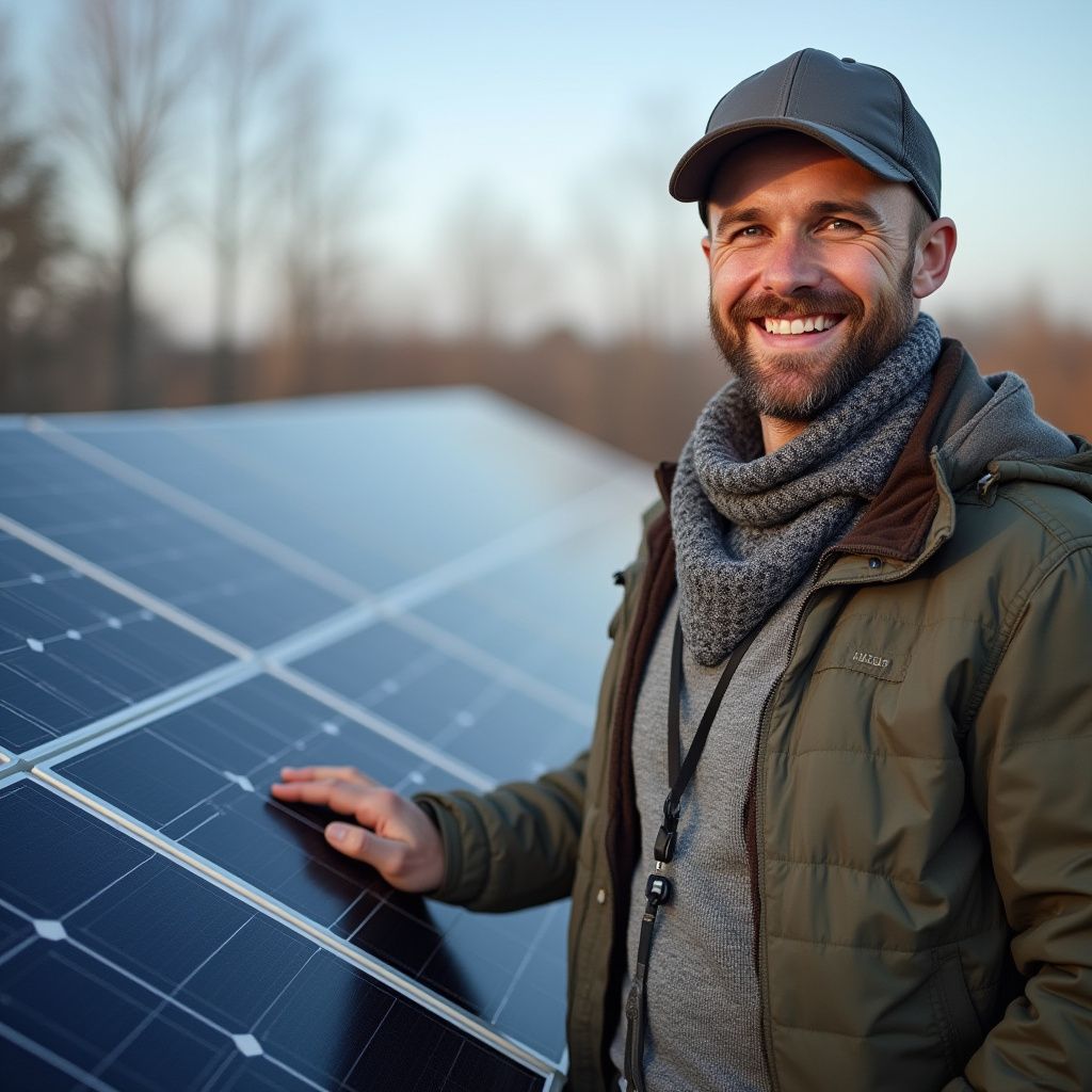 Man in cap and jacket smiles next to solar panels outdoors.