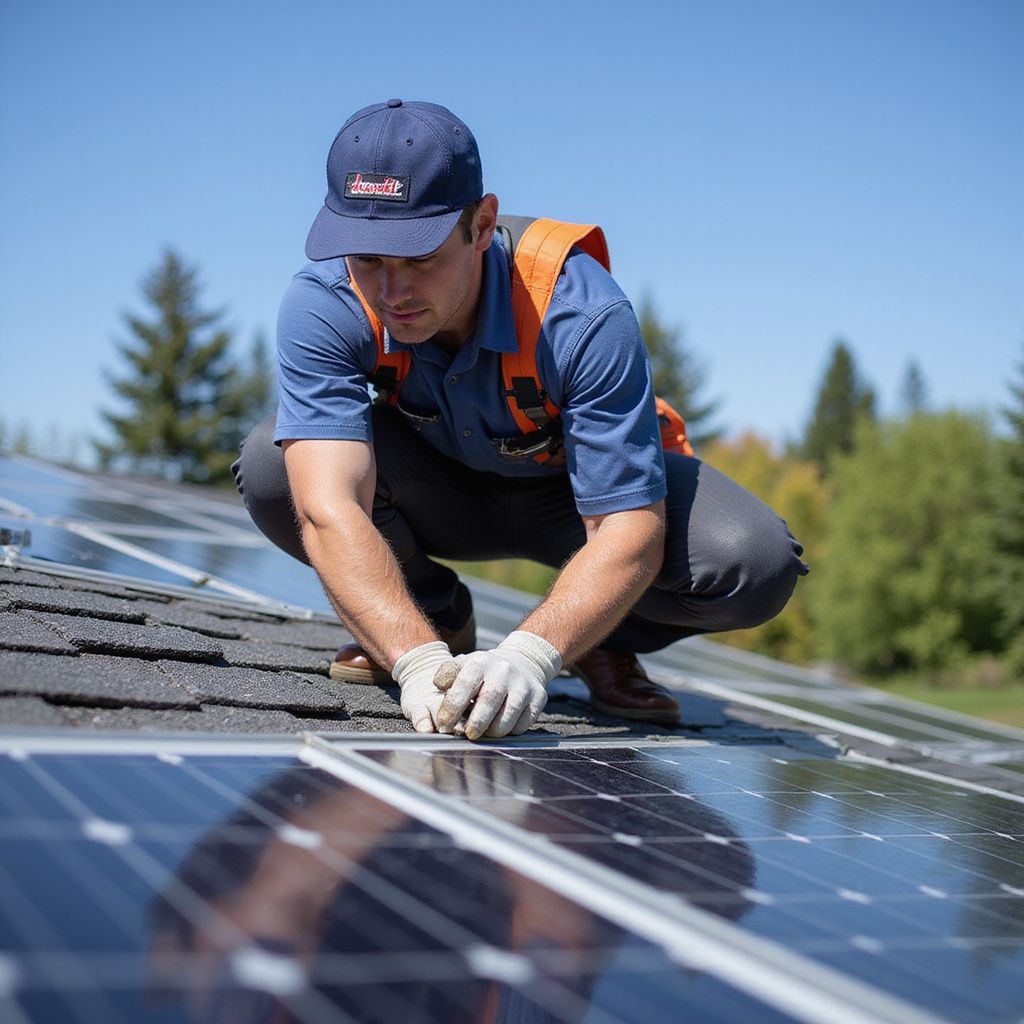 Solar panel installer on a rooftop, wearing gloves, orange vest, and blue hat, working on panels in sunlight.