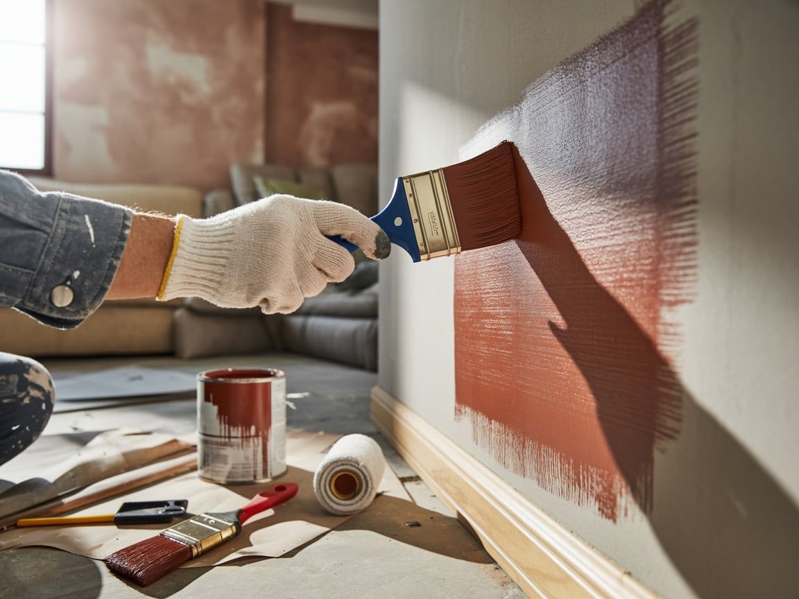 Person paints wall with a brush. Red paint and tools are visible.