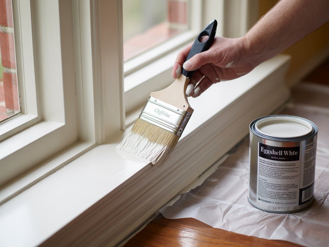 A person painting a white windowsill with a paintbrush; paint can sits nearby.