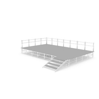 A 3d model of a stage with stairs and a railing.