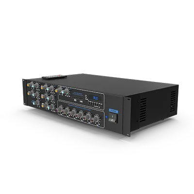 A black amplifier is sitting on a white surface.