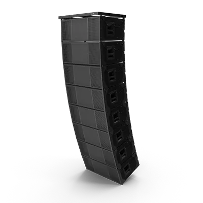 A row of black speakers stacked on top of each other on a white background.