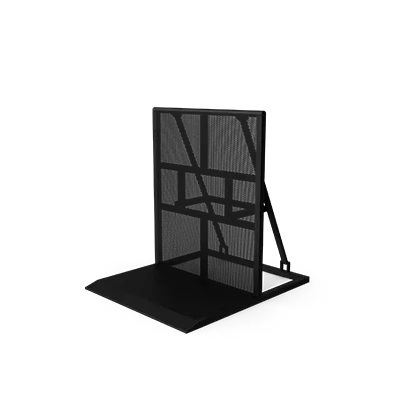 A black metal barrier with a ramp attached to it on a white background.
