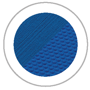 Blue circle divided diagonally, one side textured with diagonal lines, the other with small bumps, within a white and gray outlined circle.
