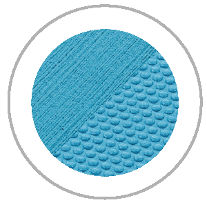 Blue circle split in half: textured diagonal lines and small bump pattern, within a gray and white border.