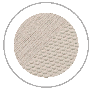 Circular image shows two beige fabric textures: diagonal ribbed and bumpy circular.