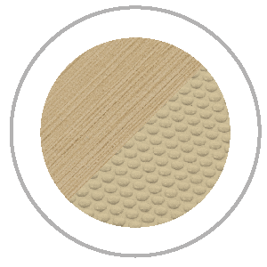 Circular design with diagonally split textures: woodgrain and textured bumps, in beige tones.