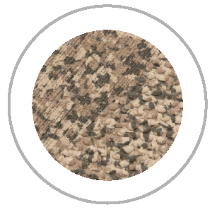 Circular carpet sample with beige, brown, and black speckled pattern.