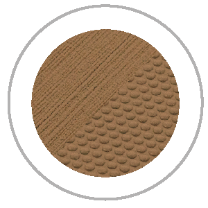 Round brown texture divided diagonally, one side lined, the other with scale-like pattern, within a gray and white circle.