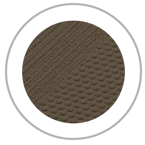 Circular brown surface with two textures: diagonal lines and scale-like bumps, in a white circle.